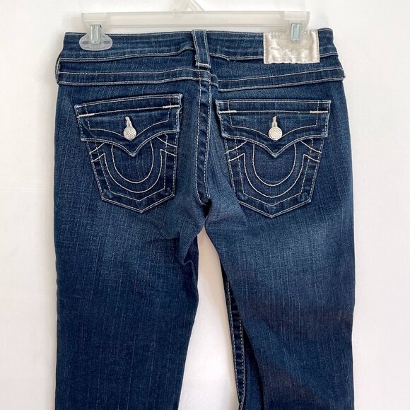 TRUE RELIGION Becky Crystal Dark Wash Swarovski Distressed Low Rise Bootcut Jean - Picture 10 of 13
